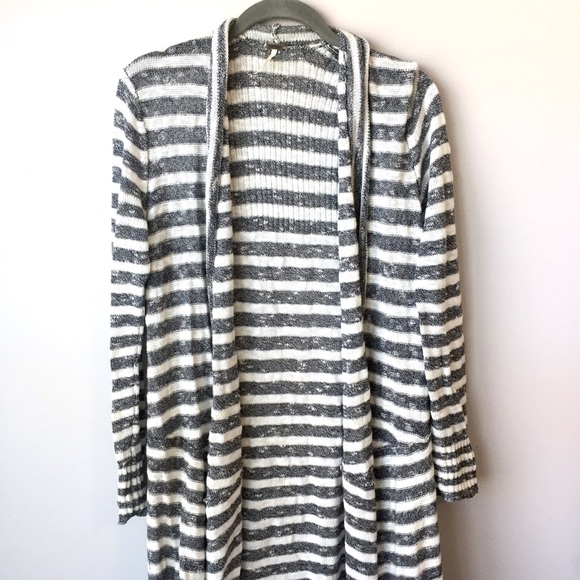 Free People Grey Stripped Long Line Knit Cardigan - Picture 2 of 5